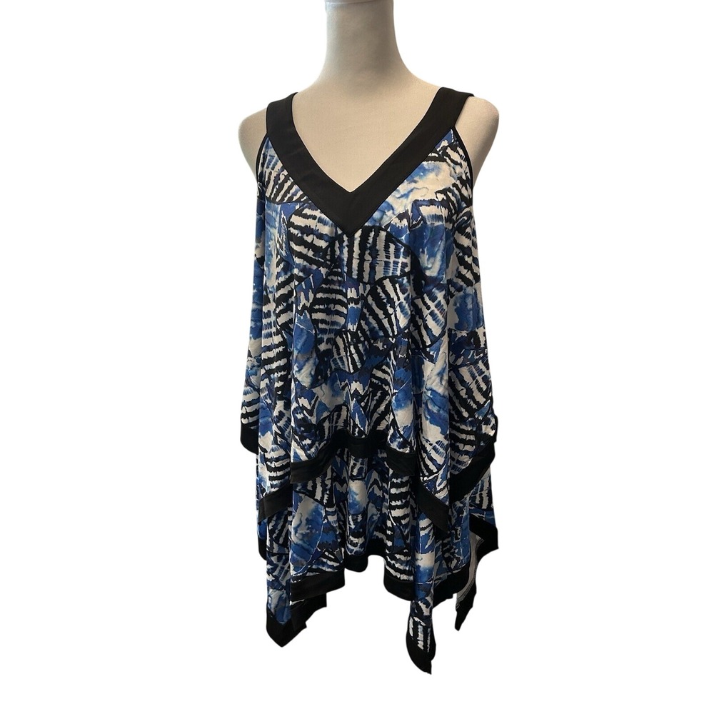 Abstract Print Tiered Handkerchief Hem V-Neck Sleeveless‎ Tunic Top Blouse 1X